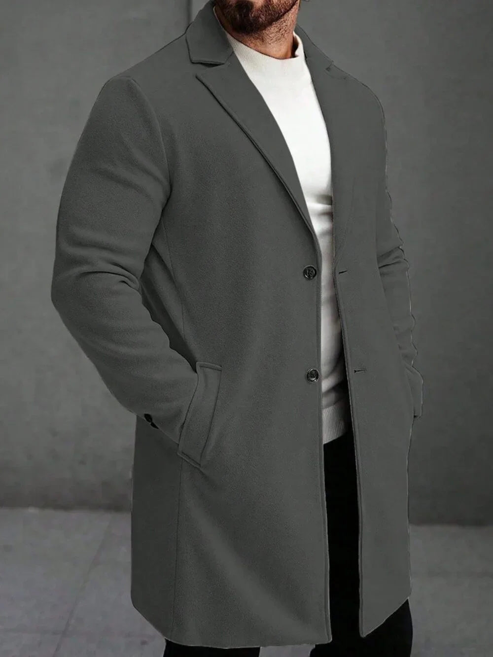 Dark Grey Regular Fit Men's Single Breasted Lapel Long Sleeve Overcoat